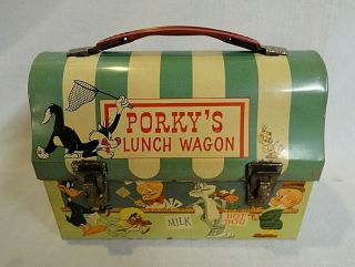 Rare 1959 " Porky`s Lunch Wagon " Dome Top Metal Lunchbox