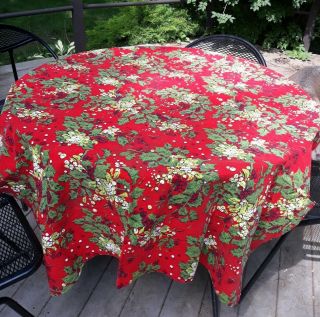 Vintage 1950s Christmas Tablecloth Cotton Mistletoe Holly 70x50