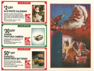 Santa Claus Coca - Cola Advertising Detachable Postcard w/ Kodak Coupons 1991 2