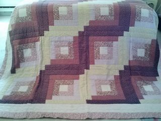 VINTAGE HAND MADE LOG CABIN PATTERN PATCHWORK COTTON QUILT - 72X86 FABULOUS 5