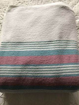 Vintage Texmade Ibex Flannel Blanket Queen/king Blue,  Pink And White Stripes
