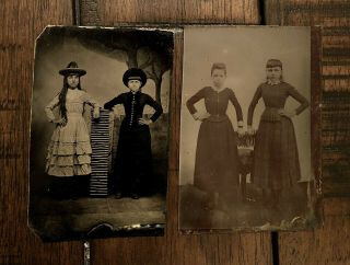 Two Antique Tintypes - Sassy Girls Funny Hats