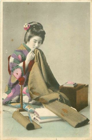 Pc Japan Japanese Geisha Girl Needlework Asia C1912
