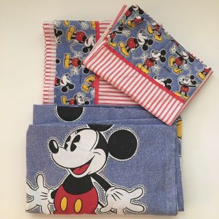 Vtg Disney Mickey Mouse Twin Sheet Set Flat Fitted & Pillowcase