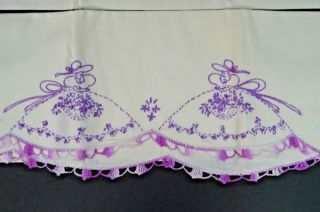 Vtg Embroidered Purple Southern Belle Pillowcase Scalloped Edge Pair Set Cotton 2