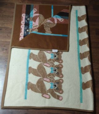 Vintage Biederlack Of America Reversible Blanket Throw Brown Tan Teddy Bear Usa
