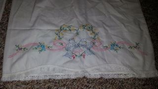 Vintage Pillowcases Embroidered Blue Birds Doves Floral Pillow Cases