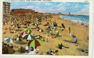 On The Beach At Venice Near Ocean Park California Ca Linen Postcard 1936 Cancel