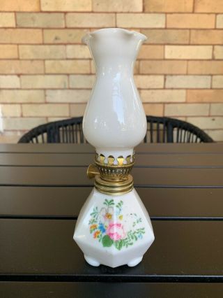 Vintage Miniature Milk Glass Floral Oil Lamp Light