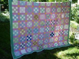 Antique Vtg 9 Patch Quilt Hand Quilted Pinks Greens 78x86