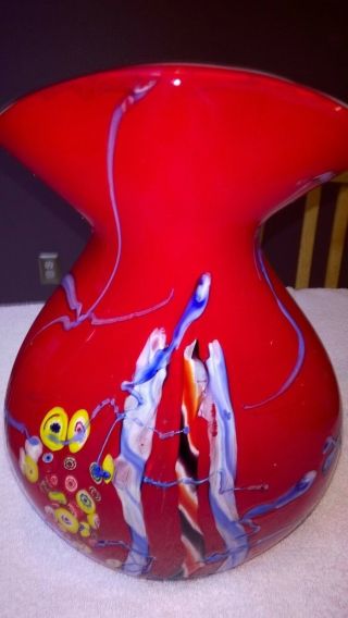 Large Murano Italy Multi Color Curvaceous Red Art Glass 13 " Vase