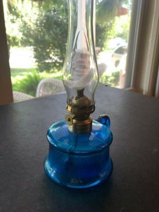 Antique Blue " Little Butter Cup " Miniature Glass Finger Oil Lamp