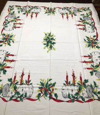 Vintage Table Cloth Printed Christmas Yule Log Bright Vivid Euc