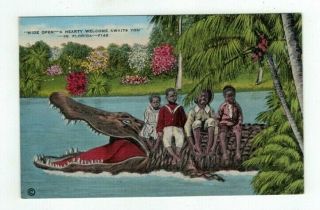 Fl Florida Black Americana Linen Post Card Black Kids Sit On Alligator 