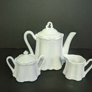 Vintage Coffee Tea Pot Sugar Creamer Set White Victorian Shabby Chic Embossed