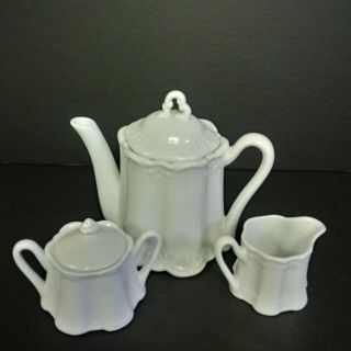 Vintage Coffee Tea Pot Sugar Creamer Set White Victorian Shabby Chic Embossed 2