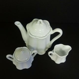 Vintage Coffee Tea Pot Sugar Creamer Set White Victorian Shabby Chic Embossed 3