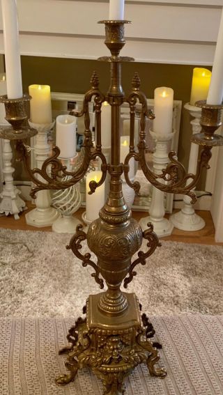 Antique Solid Brass Ornate 3 Arm Candelabra Made In Italy