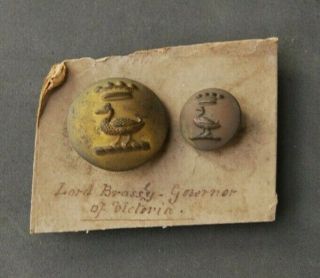 2 Old Brass Coat Buttons W.  Crest Of Lord Thomas Brassey Governor Victoria 1895