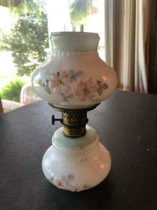 Antique Blue White Milk Glass Embossed Painted Flowers Gwtw Miniature Oil Lamp