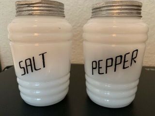 Vintage White Milk Glass Salt Pepper Shakers With Aluminum Lids