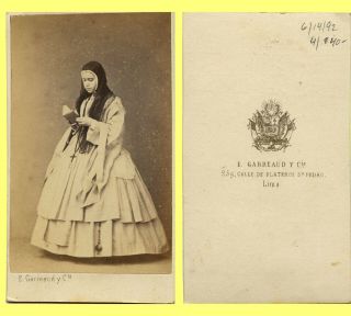 Exc 1860s Garreaud Cdv,  Standing Young Lima Peru Hoopskirt Nun Reading A Book