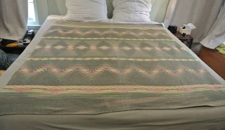 Vintage Western Camp Blanket Indian Geometric Design Green Red Yellow Gray