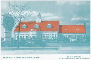 Pa Allentown Pennsylvania Ca.  1940s Howard Johnson Orange Roof Card Vg,  /ex