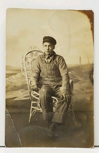 Rppc Young Man Railroad Worker Overalls Gloves Studio Willshire Oh Postcard H14
