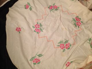 Vintage Embroidered Tablecloth 60 " Round Hand Made Quality Cross Stitched