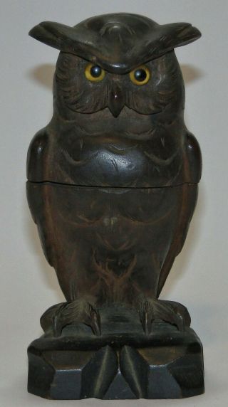 Unique Carved Wood Owl Inkwell With Hinged Lid