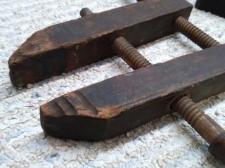 ANTIQUE WOODEN HAND SCREW CARPENTER ' S CLAMPS or VICE - Set of 4 5