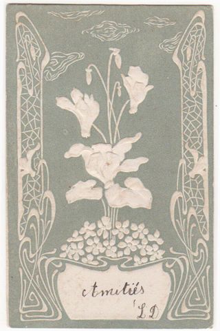 Art Nouveau Floral Design In Embossed White Antique Art Postcard