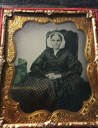 Antique Daguerreotype Photo Of Woman Lace Bonnet Polka Dot Dress Hands Clasped