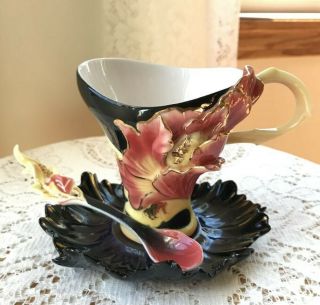 Elegant,  Artistic Franz Vermillion Peony Sculpted Teacup,  Spoon,  Saucer Set