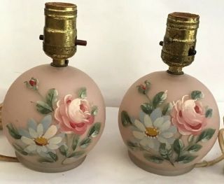 Pair Vintage Pink Satin Glass Hand Painted Flowers Boudoir Lamps