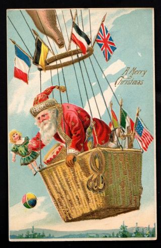 Vintage Christmas Postcard - Santa Claus In Hot Air Balloon - 185