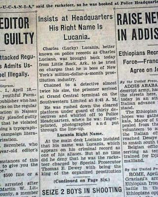 CHARLES LUCKY LUCIANO Arrested Prostitution Ring MAFIA Gangster 1936 Newspaper 2