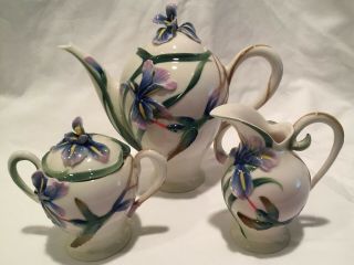 Franz Porcelain Long Tailed Hummingbird Teapot,  Creamer & Sugar Set