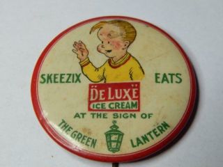 Vintage De Luxe Ice Cream Skeezix Advertising Celluloid 1 & 3/4 " Pin 2