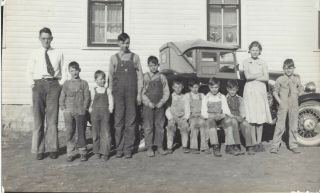 Large Family In Front Of Old Car Vintage Photograph Kids In Overalls