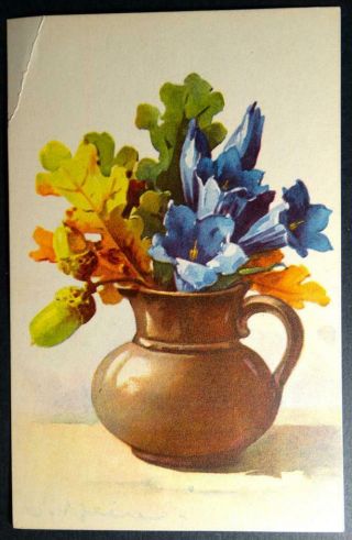 Postcard Artist Signed C Klein (catherine) Fall Leaves Blue Flowers In Pitcher