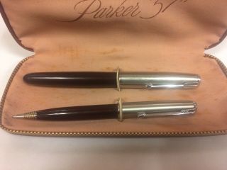 Vintage Parker 51 Pen & Mechanical Pencil Set Brown In Brown Case