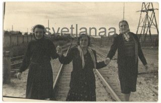 1958 Railroad Track Three Women Friends Soviet Types Railway Ussr Vintage Photo