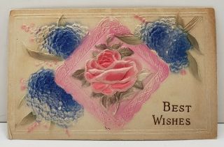 Best Wishes Pretty Pink Silk Flower Embossed Airbrushed Vintage Postcard B19