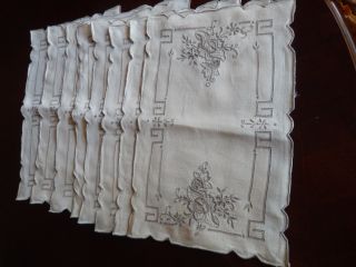 Vintage Hand Embroidered & Cut Work Linen Acro Placemats Set Of 8
