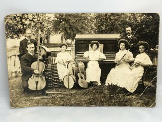 Real Photo Postcard Rppc Early 1908 Musical Band Members With Instruments 4