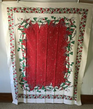 Vintage 1950s Christmas Tablecloth - Houses Bells