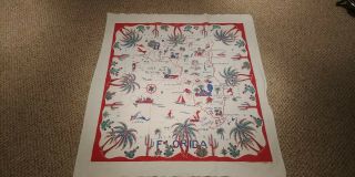 Vintage 1940s 1950s Florida Map Landmarks Souvenir Tablecloth Red Blue Teal