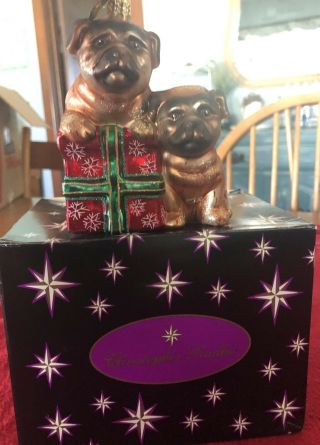 Christopher Radko Pugnacious Pugs Blown Glass Christmas Ornament W/box